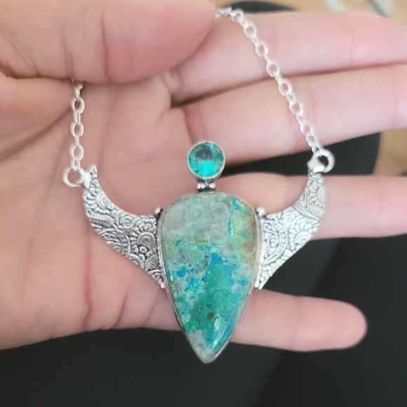 🩵 Boho Chrysocolla Gemstone Sterling Silver Neckkace - Picture 1 of 3